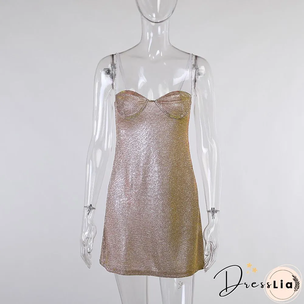 Womens sexy bright silk diamond mini dress low-neck sleeveless backless night club party