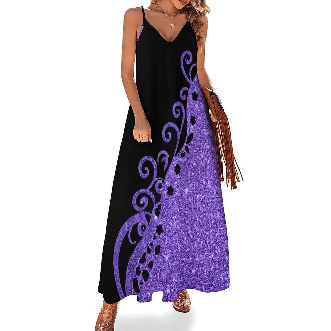 Style & Comfort for Mature Women Plus Size Printed Sling Casual Women Maxi Dress in Pattern Purple, Floral, Glitter