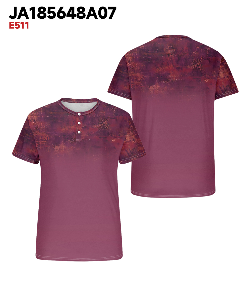 Men's Plus Size Daily Casual Rose Red Gradient Print Henry Collar Button Short Sleeve T-Shirt