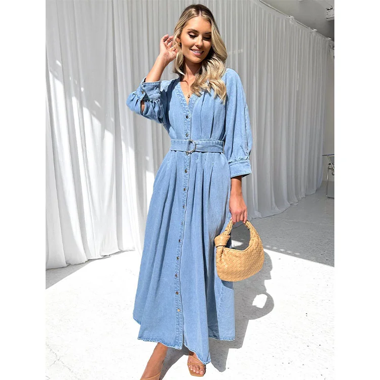 V Neck Puff Sleeve Denim Dress