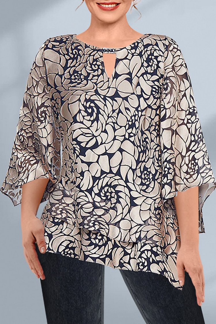 Flycurvy Plus Size Dressy Khaki Floral Print Double Layer Asymmetrical Hem Flare Sleeve Blouse  Flycurvy [product_label]
