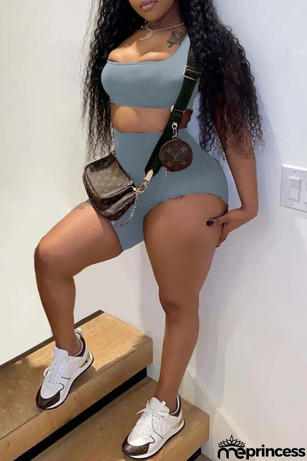 White Sexy Casual Asymmetrical One Shoulder Sleeveless Two Pieces