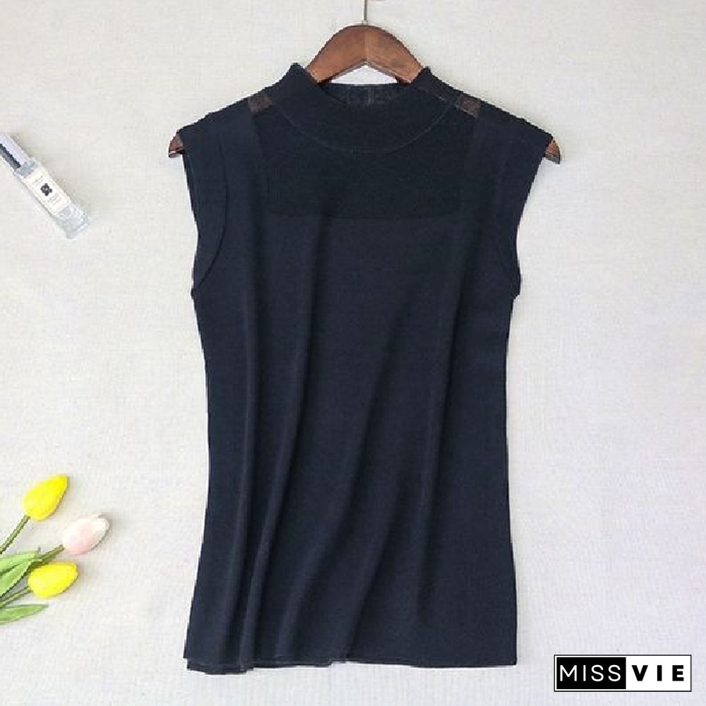 Hollow Out Sleeveless Women Knitted T Shirts Turtleneck Black Lace Sexy Lady Vest T Shirts Pink Loose Summer Thin Knit Tops