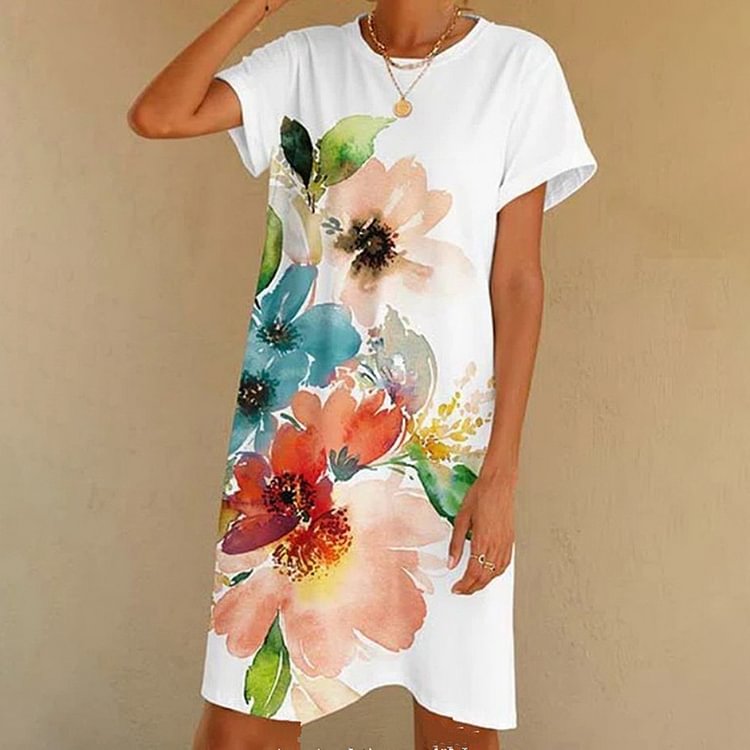 Comstylish Crew Neck Floral Printed Casual Simple Midi Dress