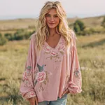 Women's Bohemian Pink Floral And Birds Art V-neck Long-sleeved T-shirt - Image 2