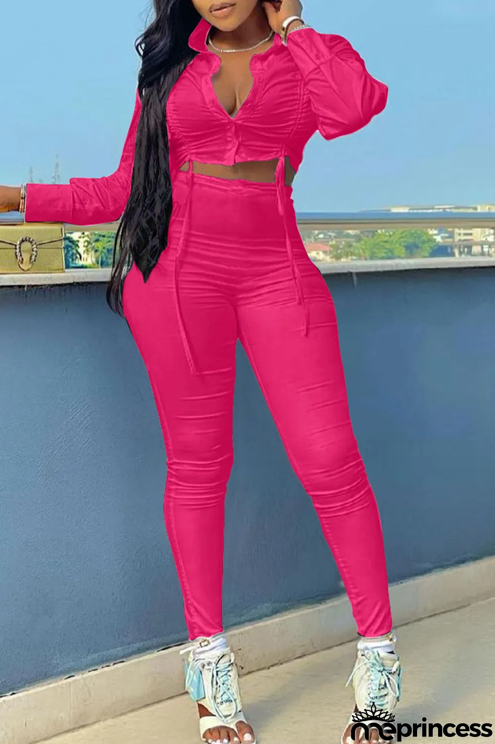 Rose Red Sexy Solid Split Joint Buckle Fold O Neck Long Sleeve Two Pieces