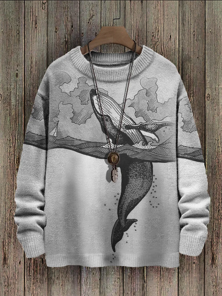 Whale Art Contrast Color Cozy Knit Sweater