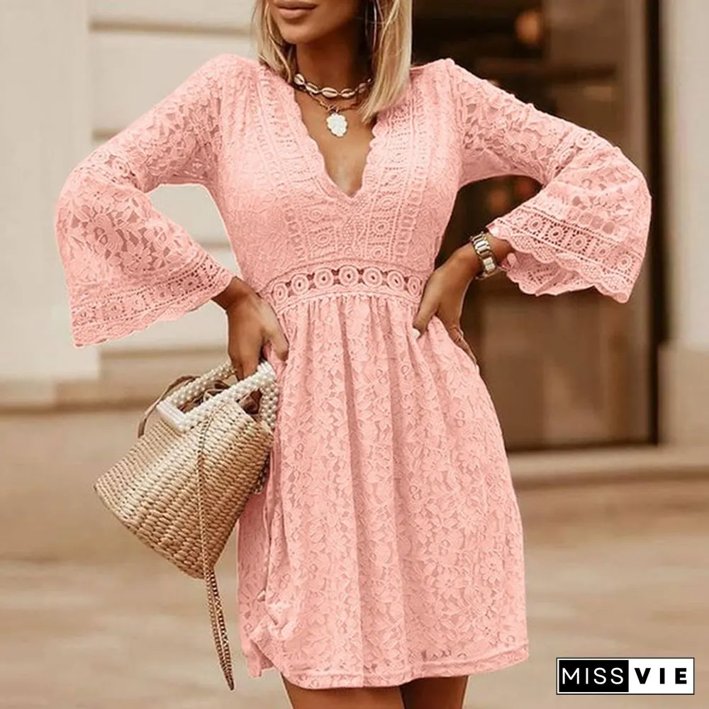 Womens Fashion Lace Mini Dress Flare Long Sleeve Neck Evening Party Elegant Casual Pleated