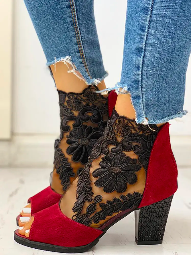Black Floral Lace Mesh Block Heel Sandals Boots