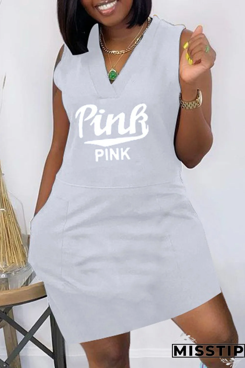 Grey Fashion Casual Letter Print Pocket V Neck Sleeveless Dress Dresses