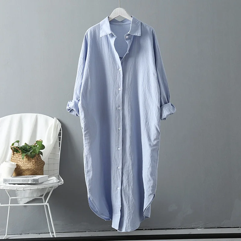 2022 Summer Cotton Women Blouses New Linen Cottons Casual White/Blue Women Long Section Shirts Plus Siize Ladies Tops 6793 50