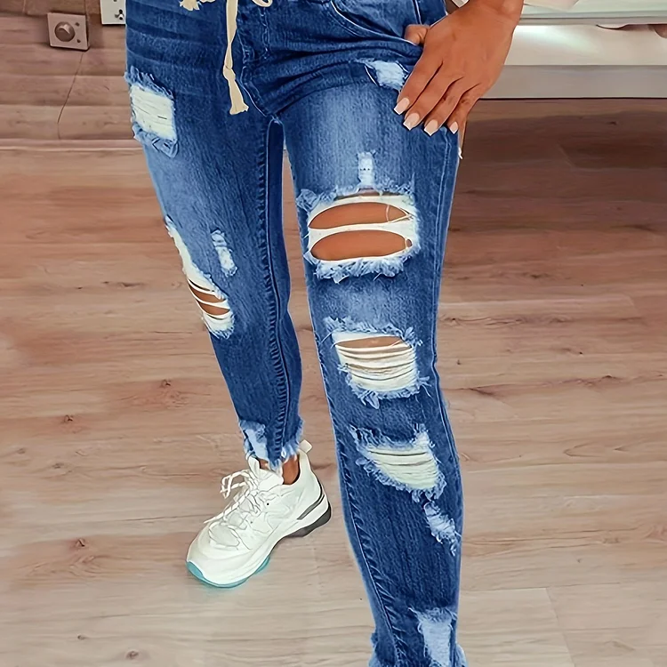 High Waist Ripped Denim Skinny Jeans-elleschic