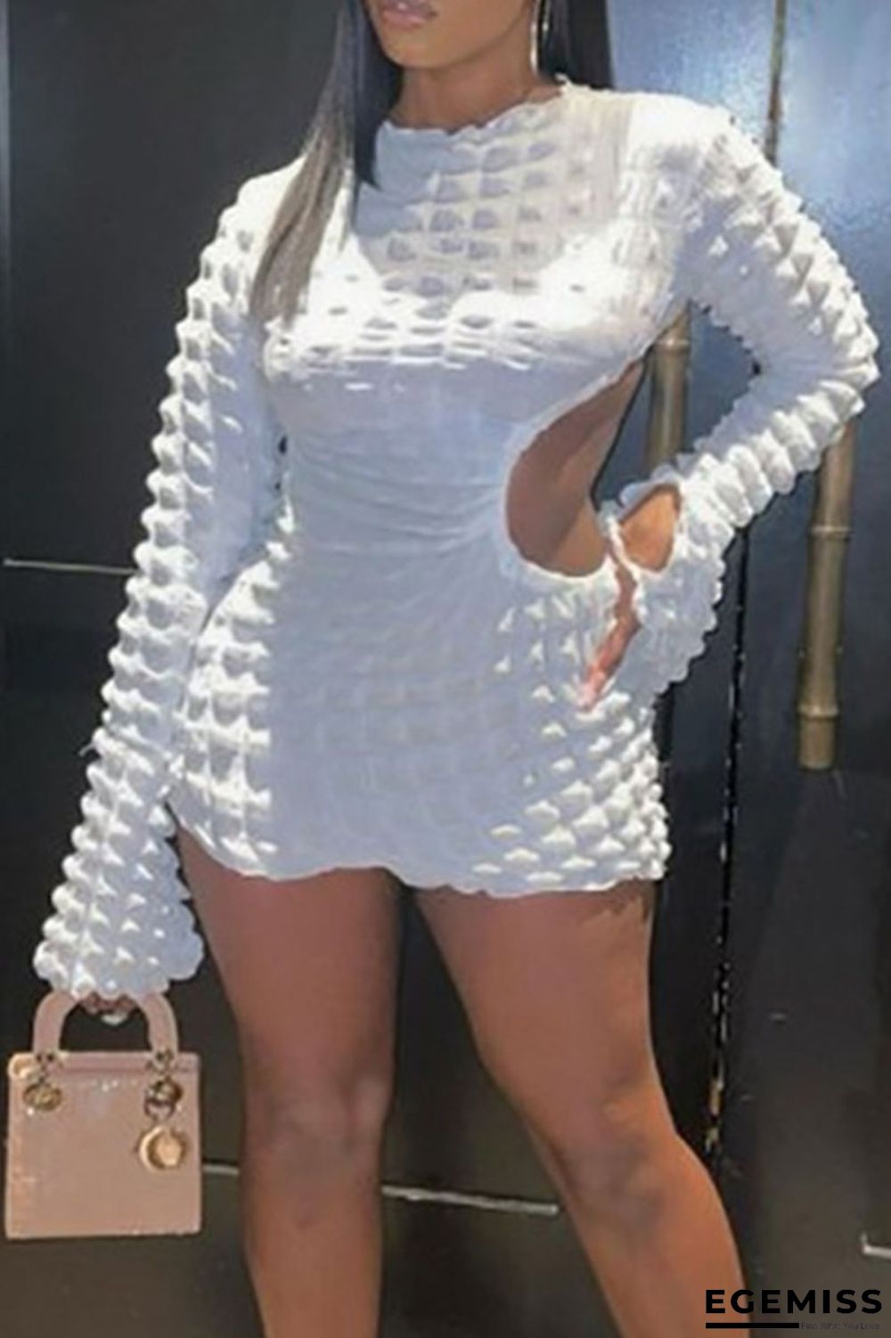 White Sexy Solid Hollowed Out Patchwork Frenulum Asymmetrical O Neck One Step Skirt Dresses | EGEMISS