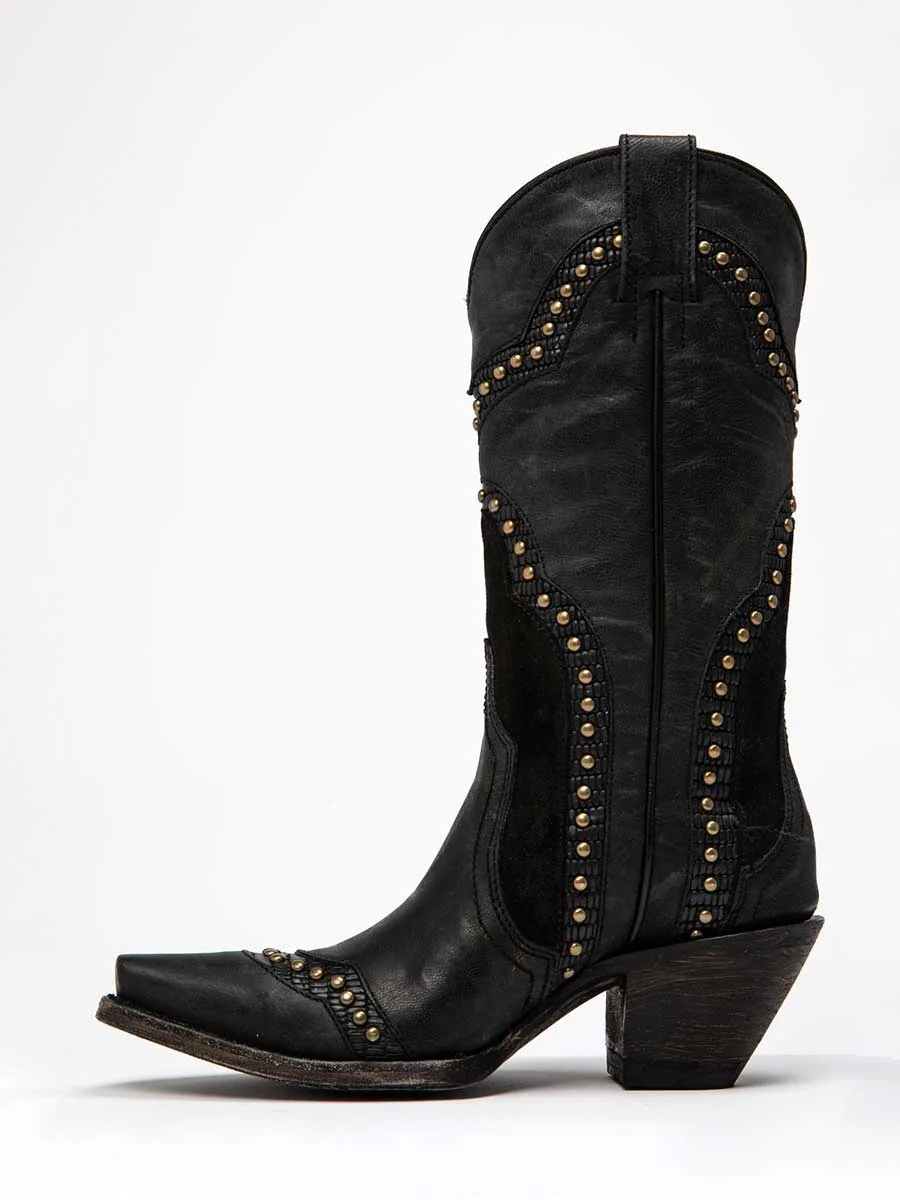 Black Snip Toe Studded Mid-Calf Cowgirl Boots with Chunky Heels