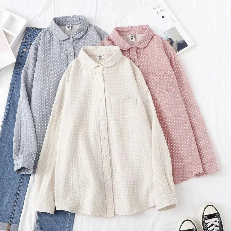 Autumn New Women Cotton Turn Down Collar White Shirt Long Sleeve Pockets Dot Blouse Button Up Loose Spring Casual Tops T09406F
