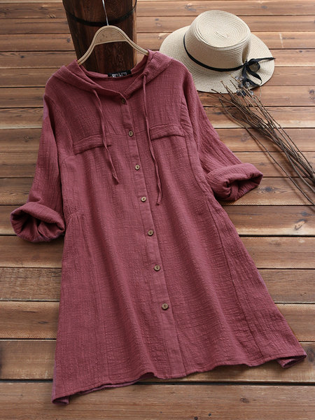 Women Hoodie Vintage Long Sleeve Linen Solid Line&cotton Dresses Zaesvini