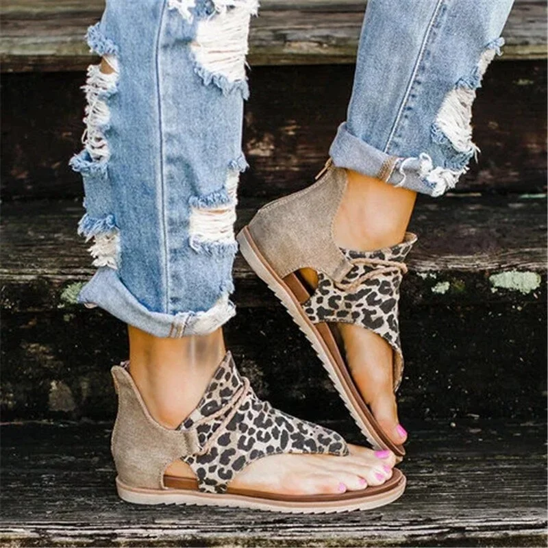 Women Flat Sandals Leopard Print Summer PU Leather Open Toe Shoes Bohemia Beach Retro Gladiator Sandals Flip Flops Slippers