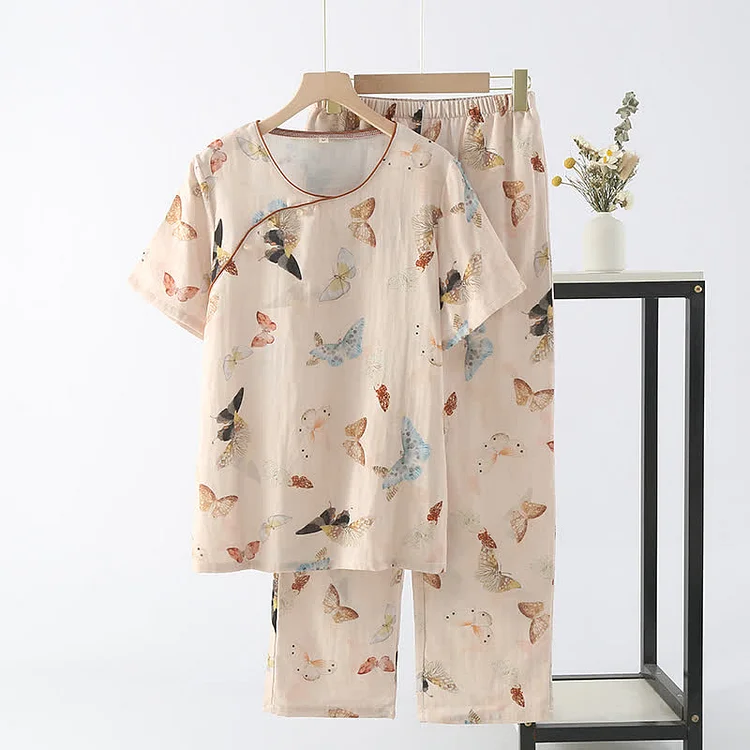 Cotton Gauze Colorful Butterfly Nightwear Set Radinnoo.com