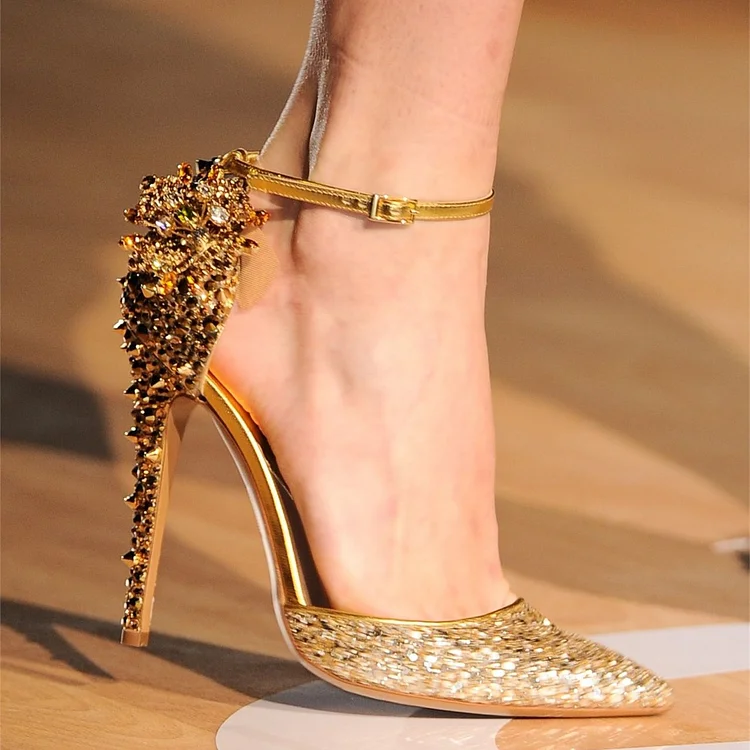 Custom Made Gold Glitter Prom Heels Rivet Ankle Strap Pumps |FSJ Shoes
