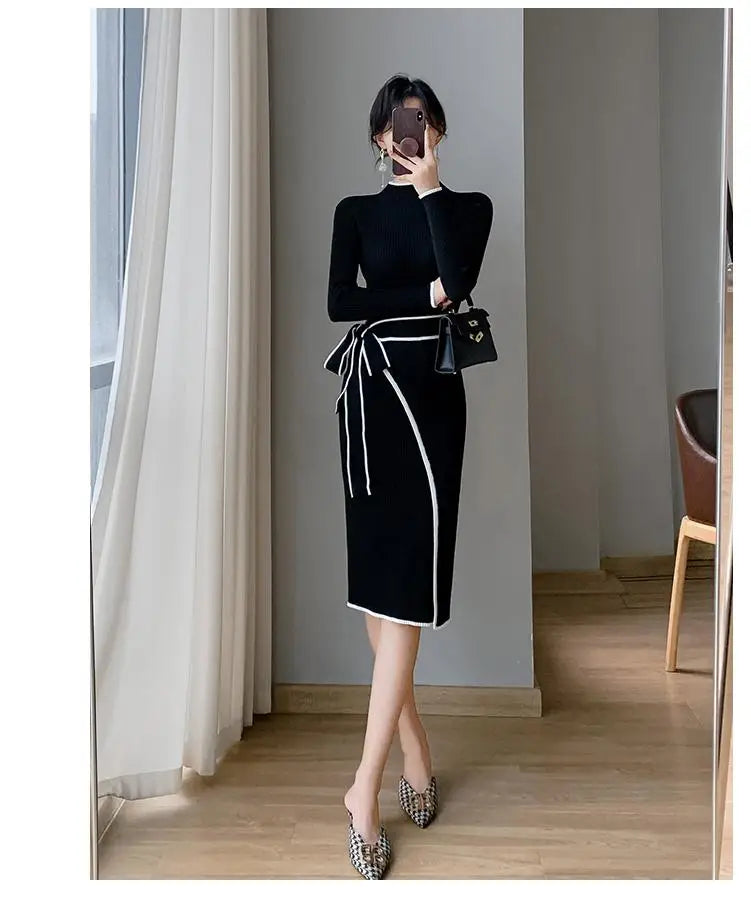 Aiertu Korean Fashion Slim Half High Neck Black White Patchwork Sweater Dress Women Elegant Slim Long Sleeve Bandage Knitted Midi Dress Aiertu