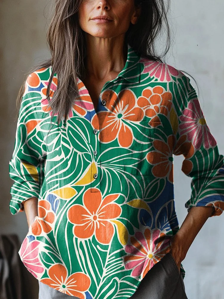 Women's Lovely Floral Art Print Casual Cotton And Linen Shirt