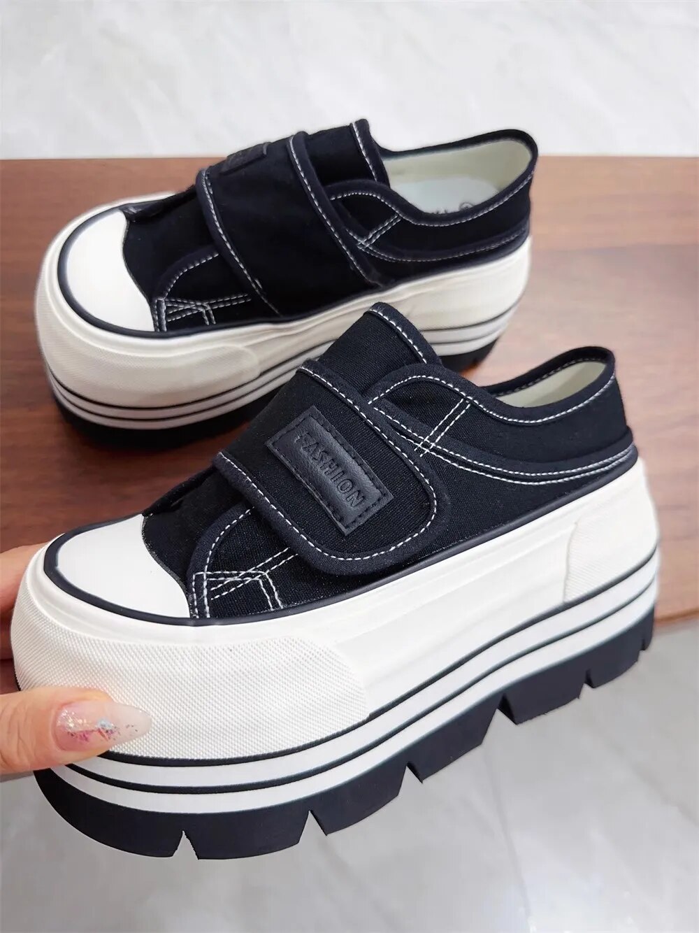 VCshoes Women Black Canvas Shoes Woman High Thick Wedges Heels Pumps Lady Dress Party Shoes Round Toe MAGIC TAPE Shoes 32-47