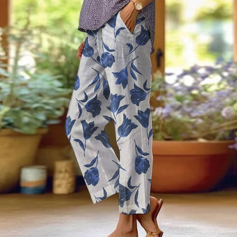 Comstylish Women's Floral Print Pocket Casual Pants