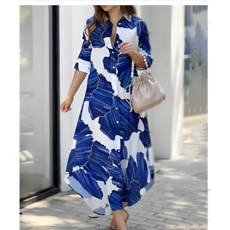 Ueong Ueong / Summer 2024 New Fashion Blue Print Loose Casual Shirt Dress Woman