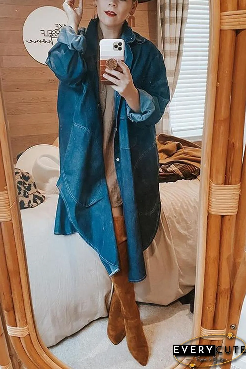 Button Pockets Denim Trench Coat