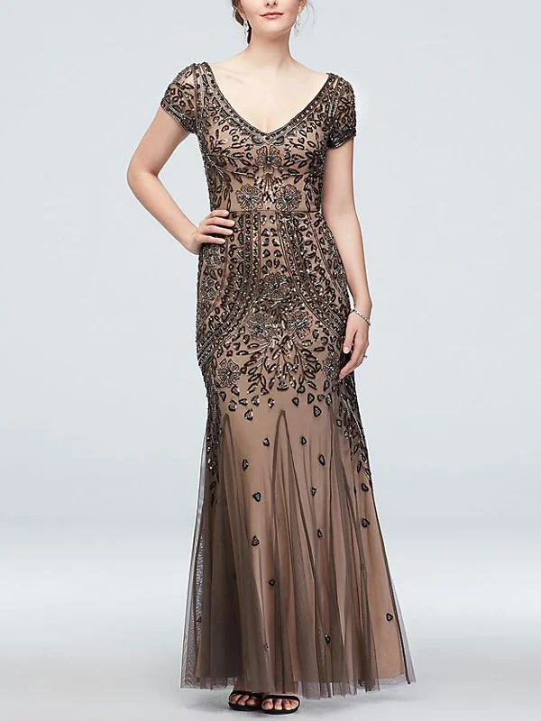 bead and sequin embellished mesh overlay gown
