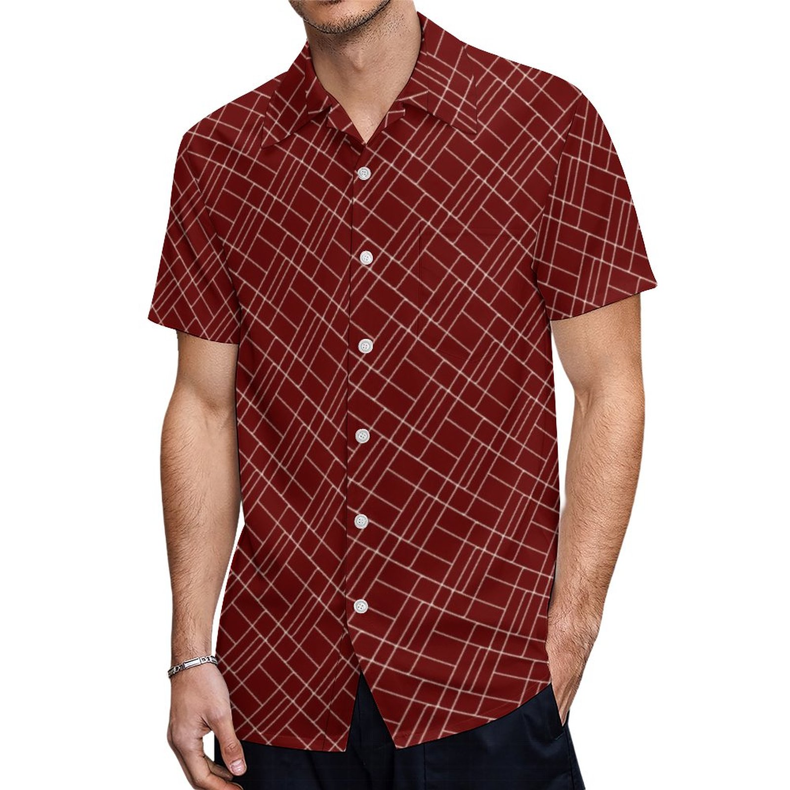Maroon Square Shapes Simple Chic Pattern Abstract Hawaiian Shirt Mens Button Down Tropical Hawaii Beach Shirts