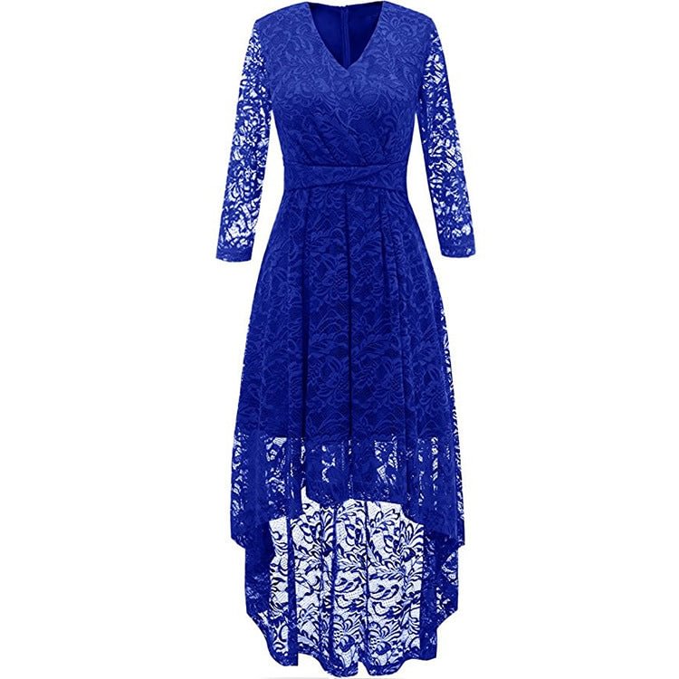 Women's Autumn High Quality Cross V-neck Long Sleeve Lace Swing Dress