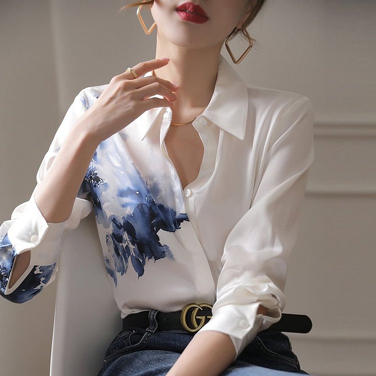 White Printed Shift Long Sleeve Floral Shirts & Tops