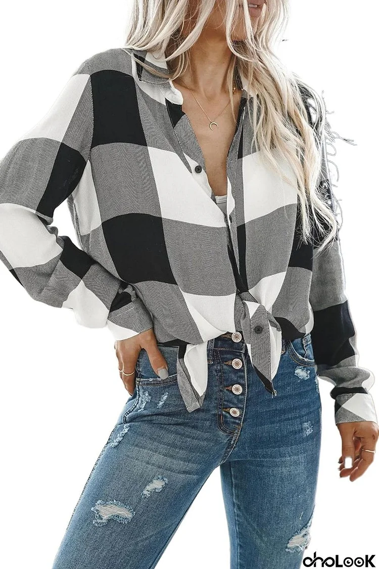 Turn Down Collar Plaid Button Blouse with High/Low Hem