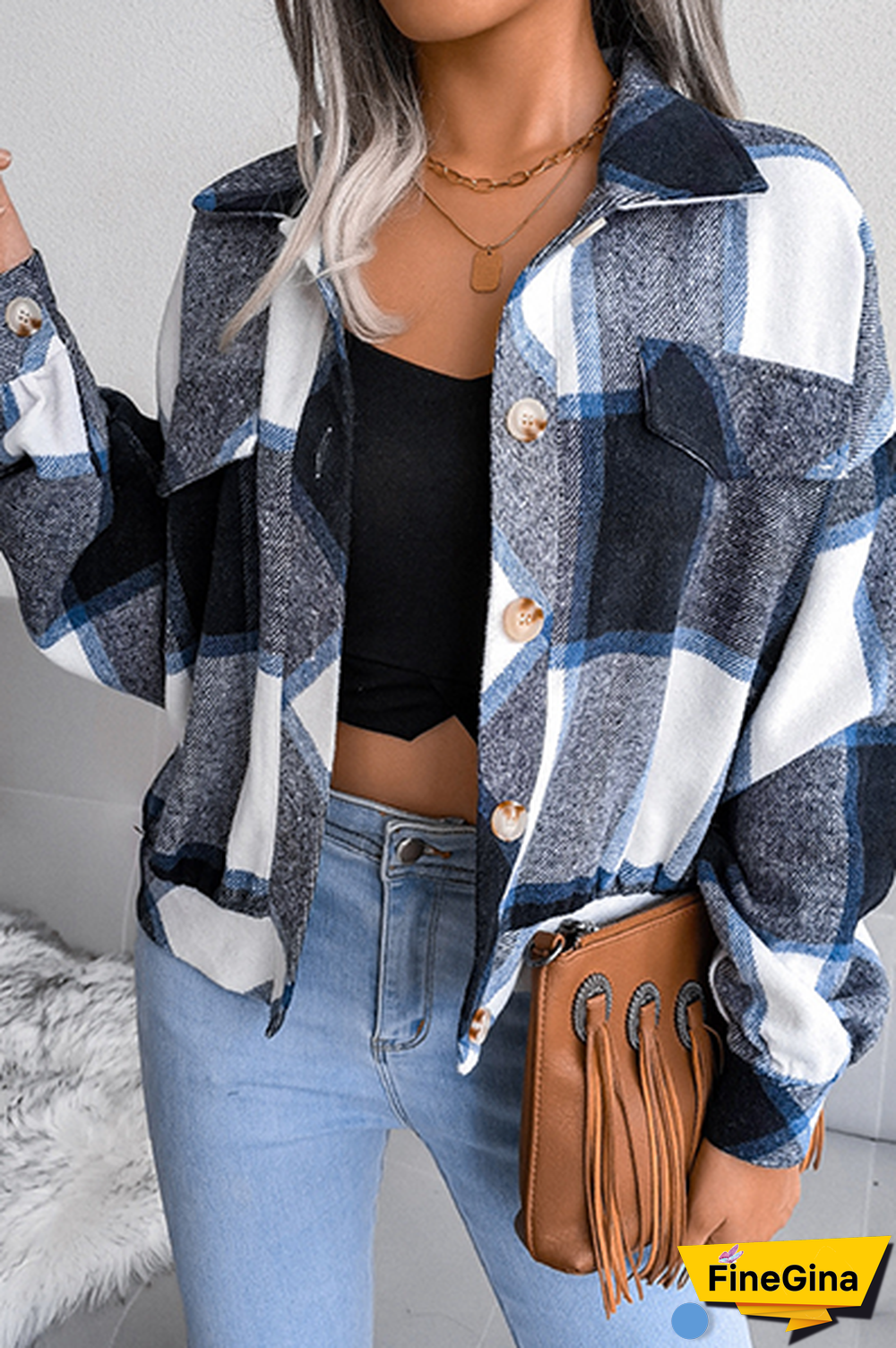 Casual Plaid Patchwork Buckle Turndown Collar Outerwear(3 Colors)