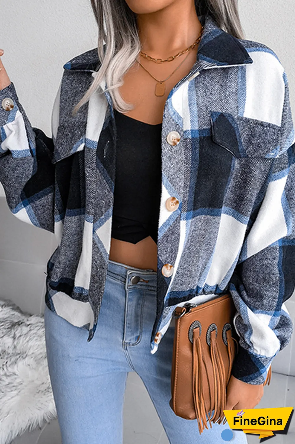 Casual Plaid Patchwork Buckle Turndown Collar Outerwear(3 Colors)