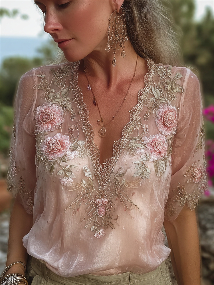 Vintage Boho Roses Embroidered Lace Flowy Linen Tunic wearshes