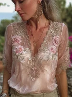 Vintage Boho Roses Embroidered Lace Flowy Linen Tunic