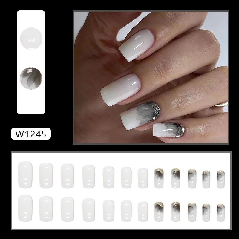 Churchf Churchf And Cool Dark Yarn Flowers Golden Powder Nails White Mature Ins Wind Fake Nails Wearing Nails