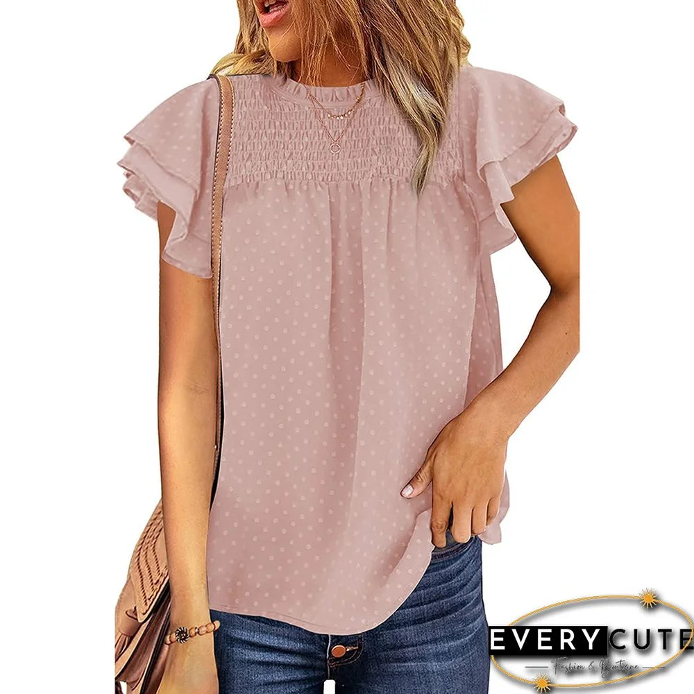 Pink Chiffon Jacquard Ruffle Sleeve Tees