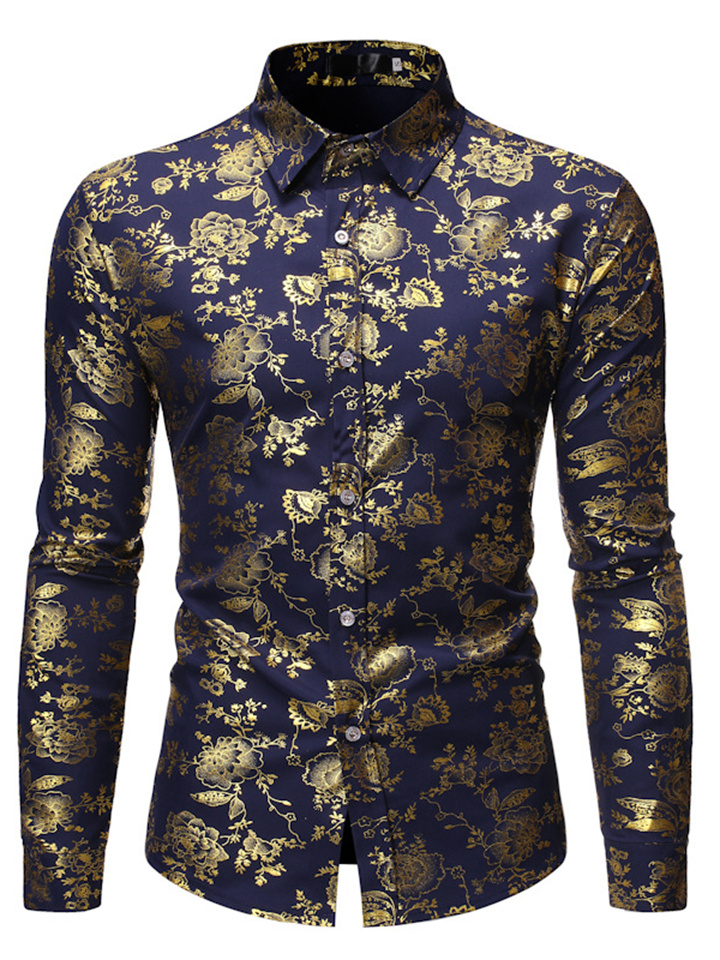 Casual Solid Color Men's Men's Long-sleeved Single-breasted Shirt Metal Hot Gold Printing Lapel Trend Men's Shirt Cardigan