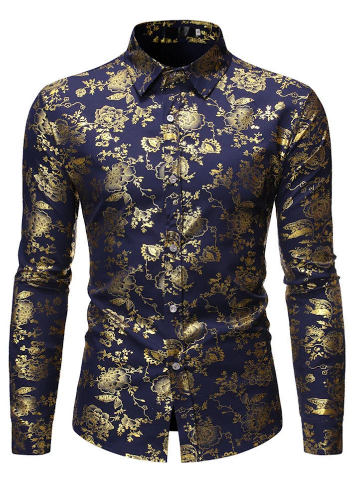Casual Solid Color Men's Men's Long-sleeved Single-breasted Shirt Metal Hot Gold Printing Lapel Trend Men's Shirt Cardigan-Cosfine