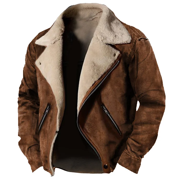 Men's Vintage Outdoor Training Suede Zip Pocket Lamb Fleece Collar Warm Jacket