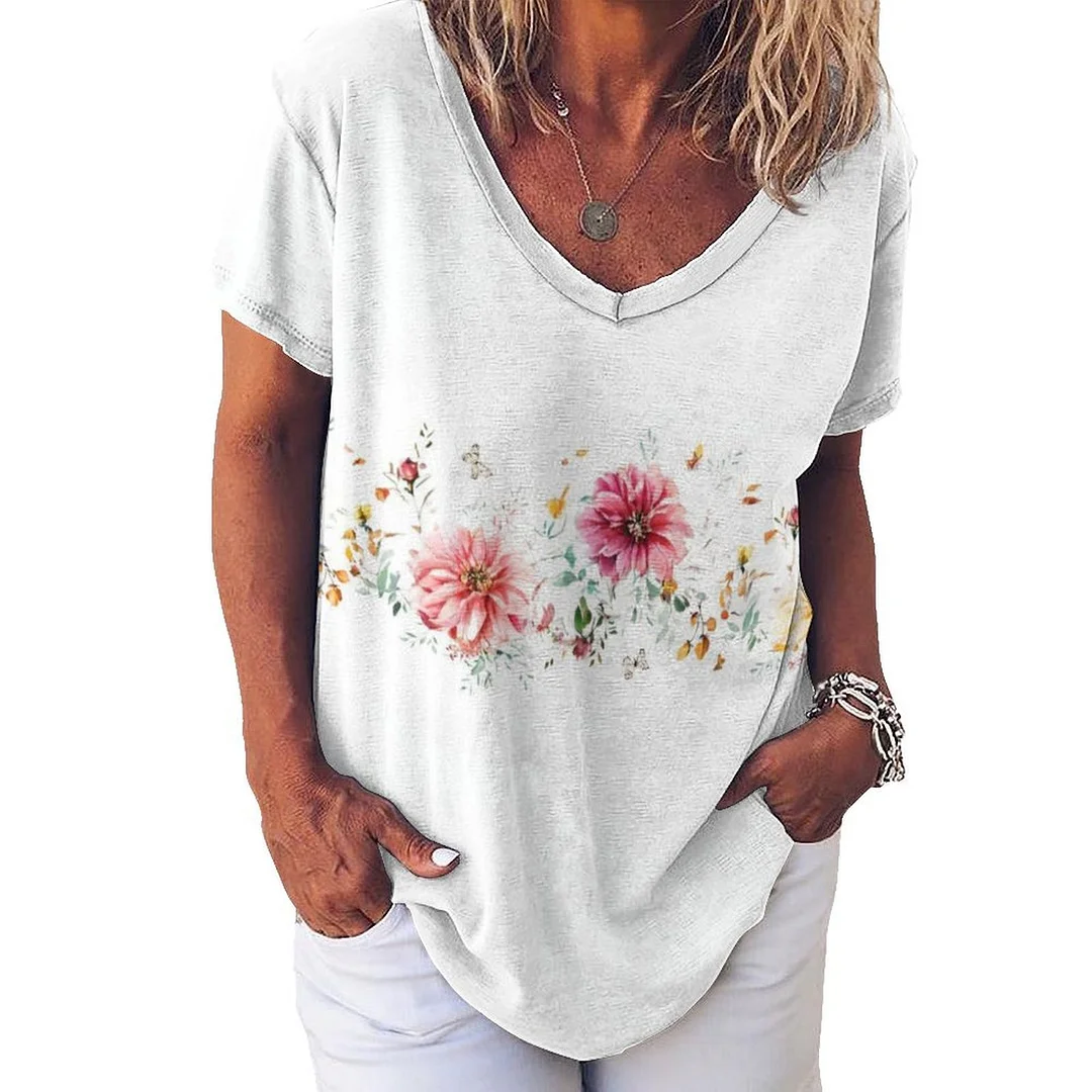 V-neck Short Sleeve Casual T-shirt for  Women Printed with Pattern Floral, Yellow, Pink