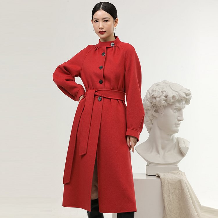 Waist-buttoned Double-faced Cashmere Wool Coat