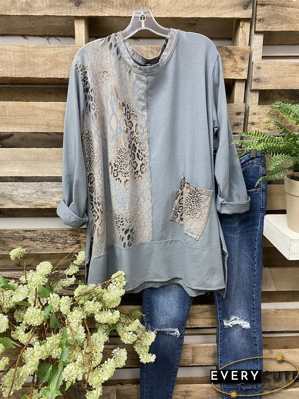 Long Sleeve Cotton-Blend Shift Leopard Shirts & Tops