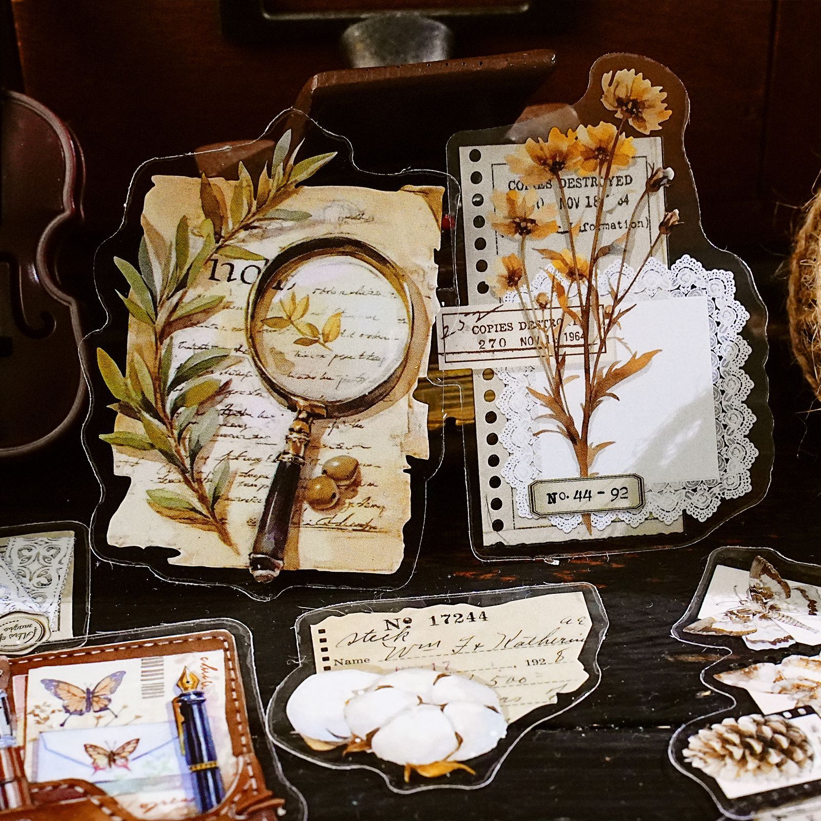 PET 스티커 - 픽업 라이트 챕터 시리즈 빈티지 식물 꽃 라벨