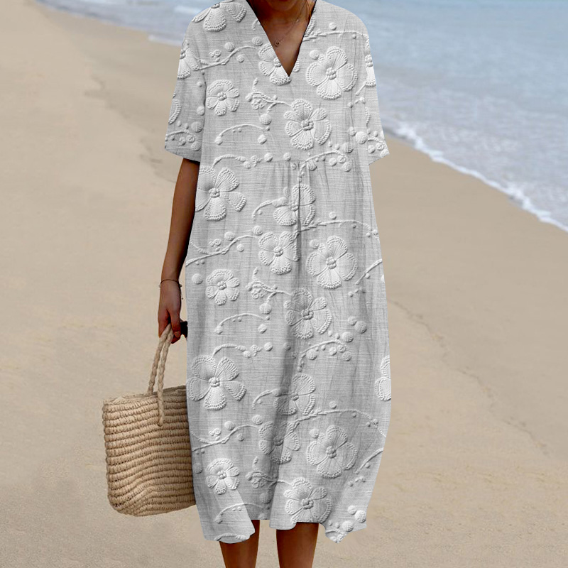 Lace Floral Print V-Neck Loose Midi Dress artswardrobe