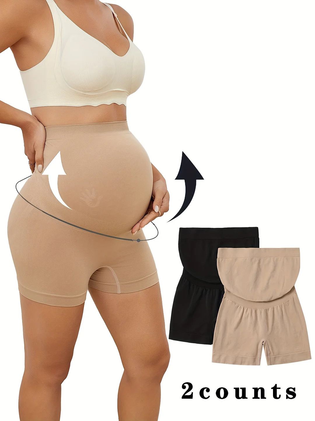 2pcs Women's High Elasticity Seamless Maternity Leggings, Anti-Exposure Wide Waistband Shorts, Breathable & Comfortable For Pregnancy, Solid Color - Beige & Blac | IFYHOME