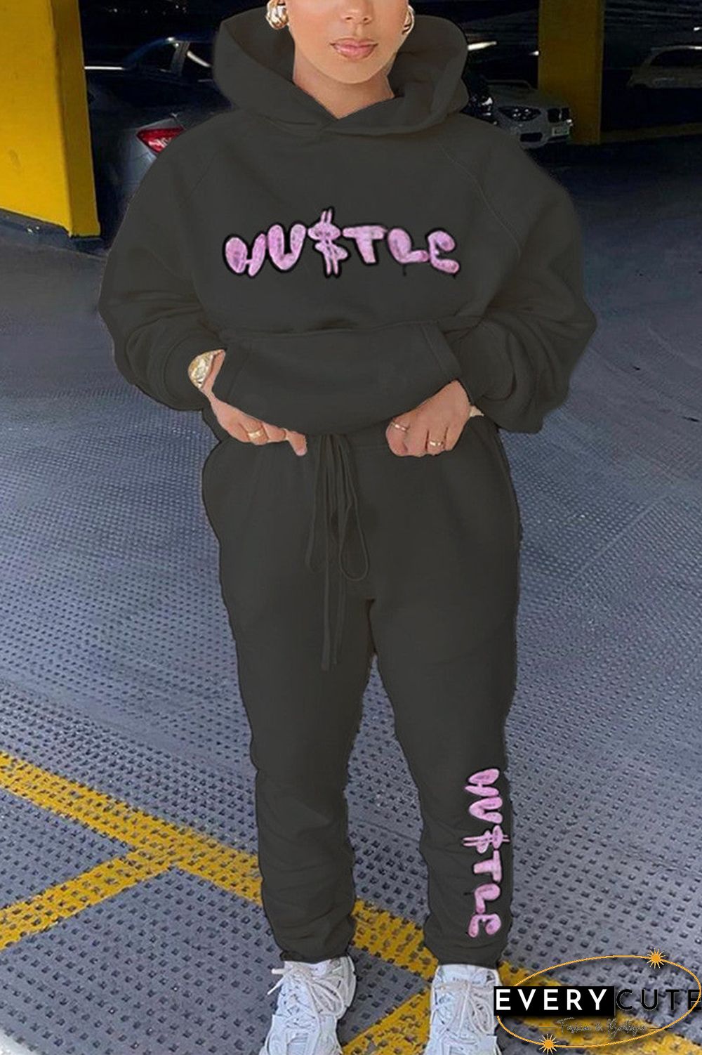 Fashion Casual Letter Print Letter Hooded Collar Long Sleeve Two Pieces